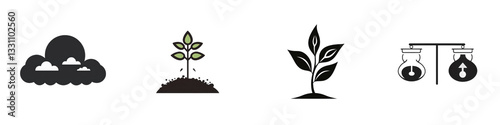Icons Showing Growth Cloud, Seedling, Plant and Scales Against white background isolated on white or transparent