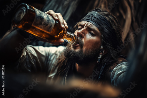 Wallpaper Mural Drunken pirate man drinking rum straight from bottle in tavern. Torontodigital.ca