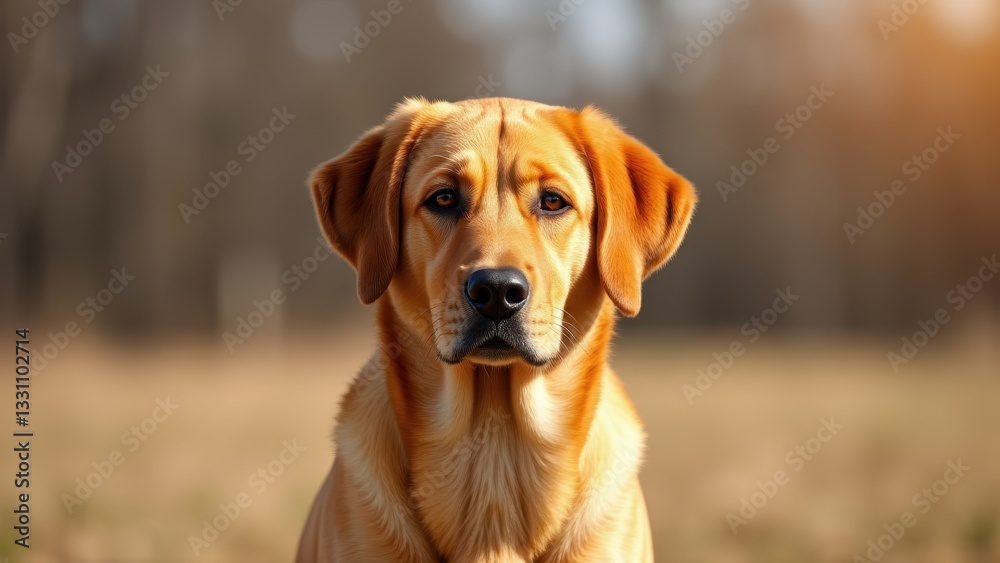 A fox red English Lab is seen from behind, sitting outdoors with a blurred background. A fox red English Lab is seen from behind, sitting outdoors with a blurred background.