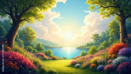 A serene garden of Eden painting with vibrant flowers, lush greenery, and a tranquil lake under a bright sky.