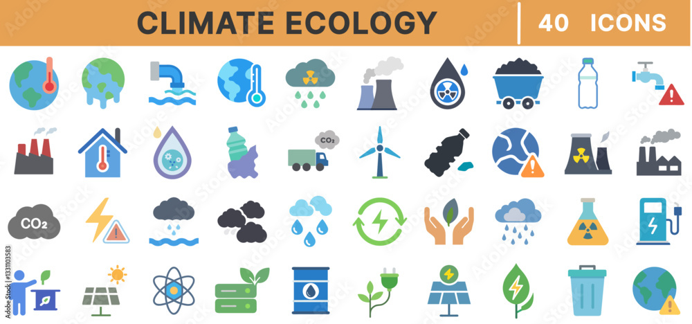 Fototapeta premium Climate Ecology Line Icons Set – Global Warming, Pollution, Renewable Energy, Carbon Emissions, Sustainability, Recycling, Environmental Protection, and Climate Change