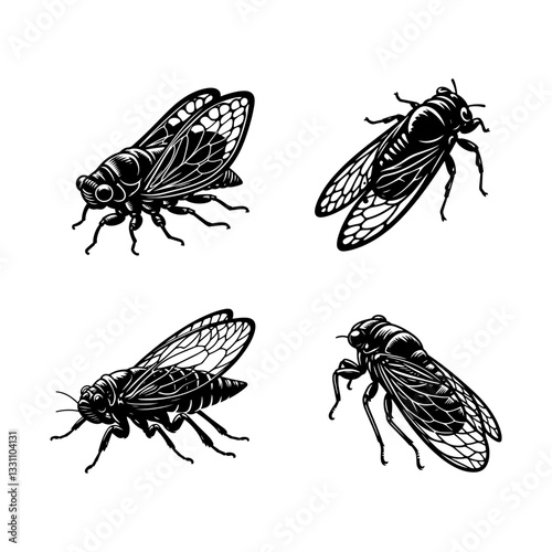 Rosy-legged Cicada Silhouette Vector Set – High-Quality Insect Illustrations for Nature and Entomology Designs photo