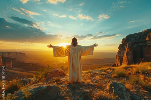 Man in White Robe on Mountaintop at Sunset