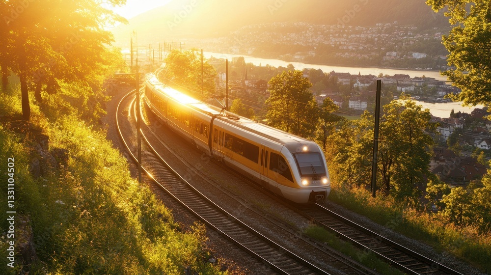 Fototapeta premium Scenic Sunset Train Journey Along Serene Curved Railway Tracks