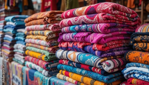 Colorful Fabrics Stacked Neatly in a Traditional Textile Market
