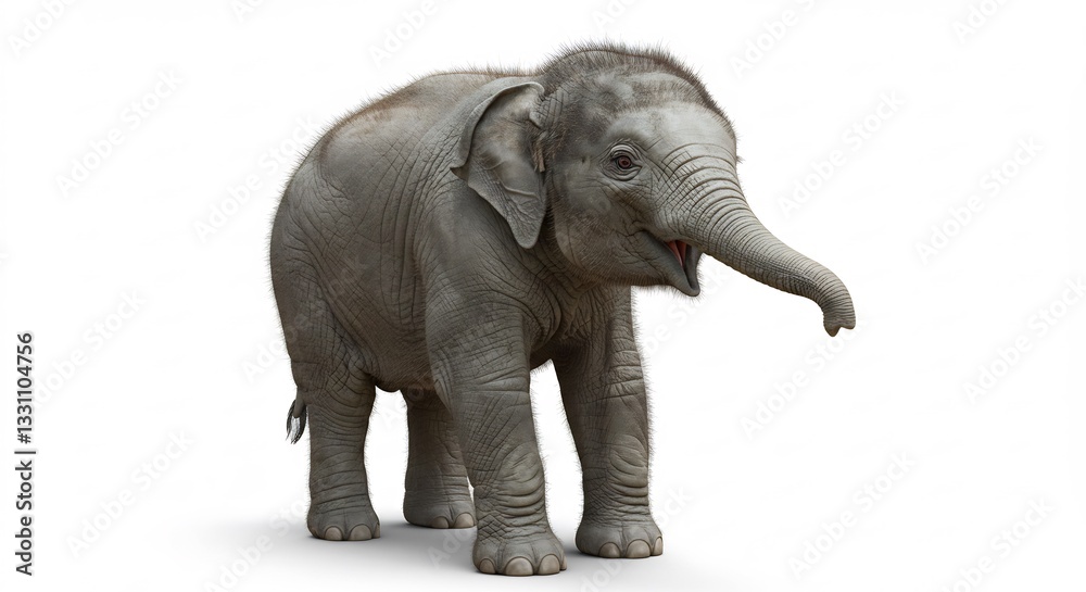 Obraz premium Adorable baby elephant playfully stands against bright white background. AI Generated