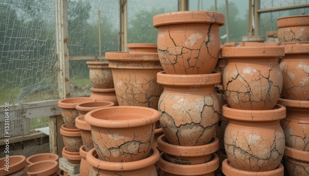 Stacked Terracotta Pots with Cracks in a Garden Greenhouse Stacked Terracotta Pots with Cracks in a Garden Greenhouse
