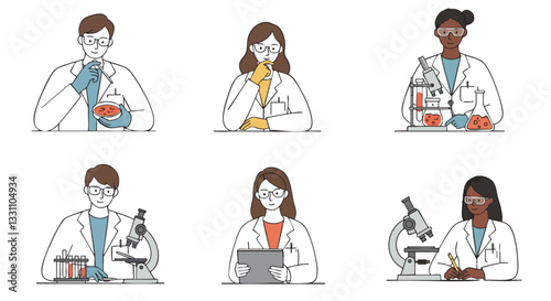 Scientific Research and Laboratory Work Vector Illustration Pack on Plain White Background - Professional Science AI File
