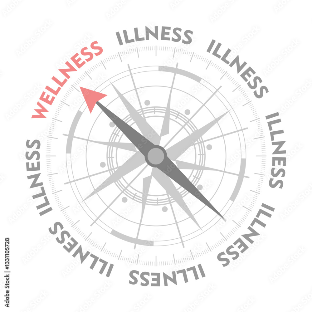 The needle of compass points to the word wellness ignoring the words illness. Health care concept. The needle of compass points to the word wellness ignoring the words illness. Health care concept.