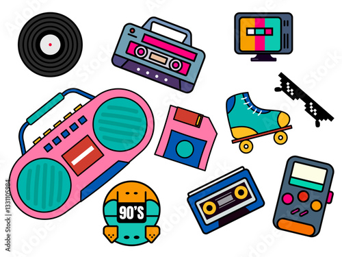 90s theme collection music tech fashion lifestyle perfect nostalgic design retro inspired project illustration background