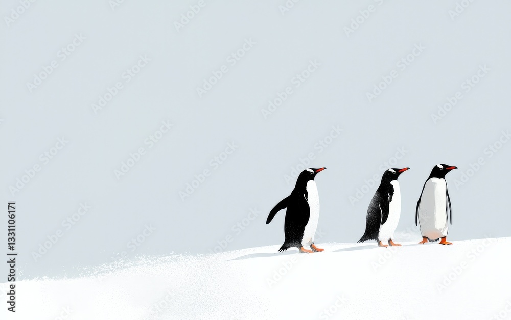 Obraz premium Three Gentoo Penguins Walking on Snow