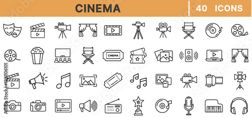 Cinema Line Icons Set – Film Production, Movie Theater, Clapperboard, Camera, Tickets, Popcorn, Sound, Director, Acting, and Entertainment