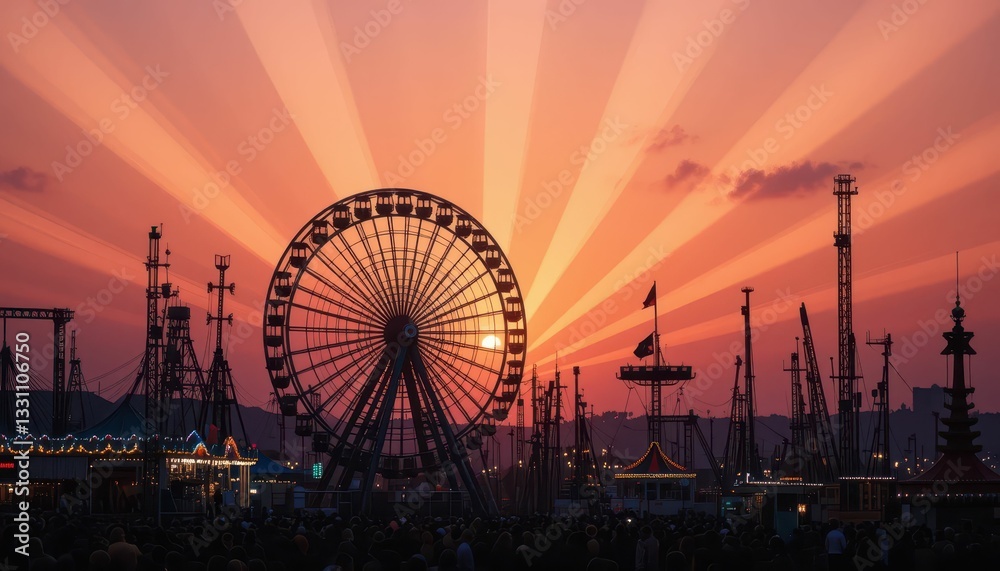 Sunset Over Amusement Park with Ferris Wheel and Colorful Sky Sunset Over Amusement Park with Ferris Wheel and Colorful Sky