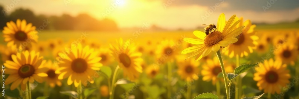 Obraz premium Sun-kissed daisies dance with yellow and orange hues, fields, sunflowers, bees