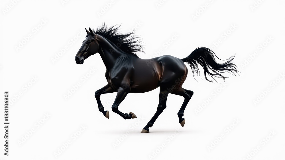 Fototapeta premium A black horse running with its mane and tail flowing in the wind.