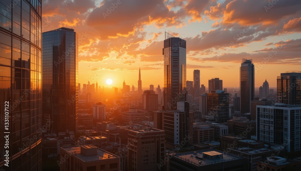 Fototapeta premium Stunning Sunset Over City Skyline with Dramatic Clouds and Light