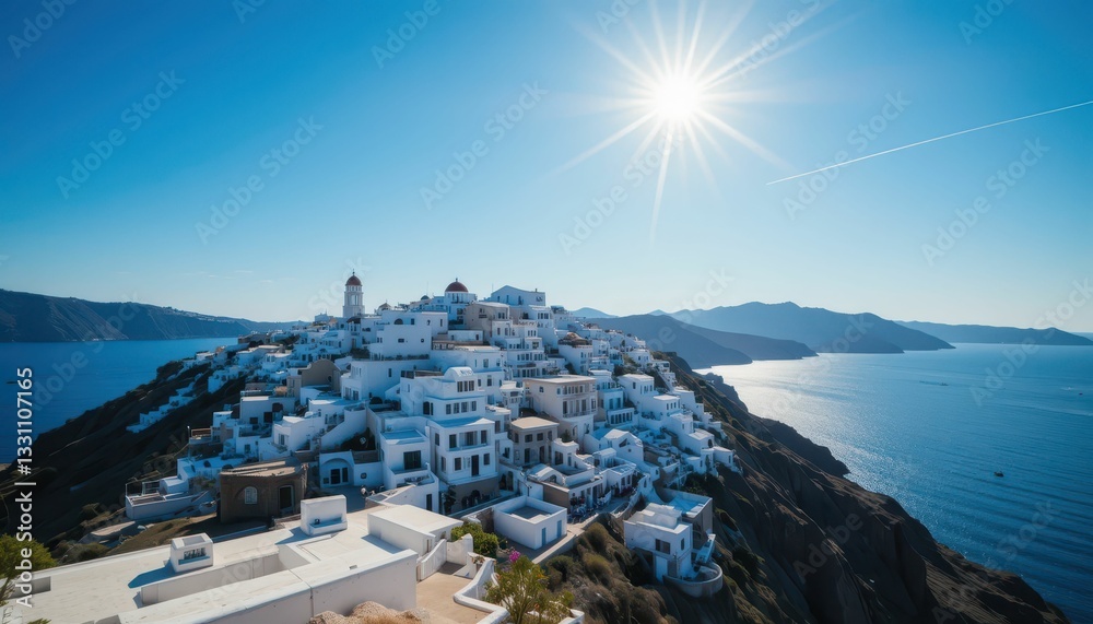 Naklejka premium Scenic View of Santorini Island Under Bright Blue Sky and Sunlight