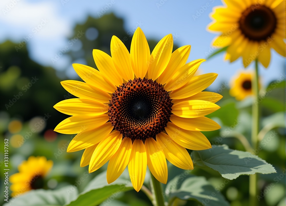 Fototapeta premium Vibrant Yellow Sunflower in Full Bloom Close Up Summer Field