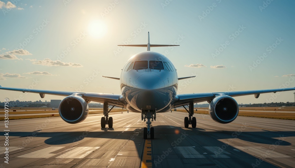 Front View of Airplane on Taxiway Against a Sunset Background Front View of Airplane on Taxiway Against a Sunset Background