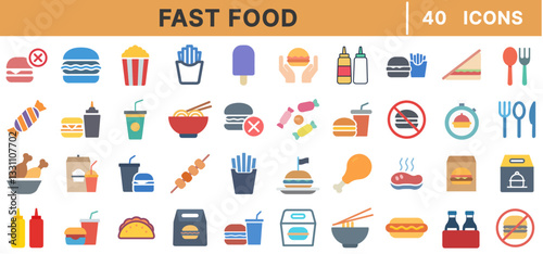 Fast Food Line Icons Set – Burgers, Fries, Pizza, Hot Dogs, Soda, Takeout, Street Food, Snacks, Desserts, and Restaurant Meals