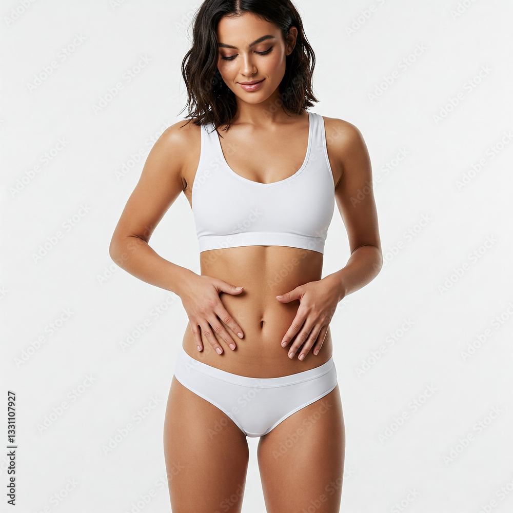 Fototapeta premium young woman wearing white underwear. Young fit woman in white underwear touching belly with two hands on white background.