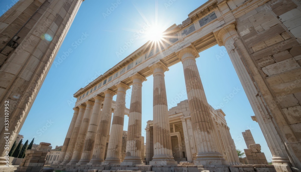 Fototapeta premium Ancient Temple Ruins Under Bright Sunlight in Greece