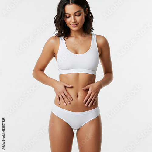 young woman wearing white underwear. Young fit woman in white underwear touching belly with two hands on white background.