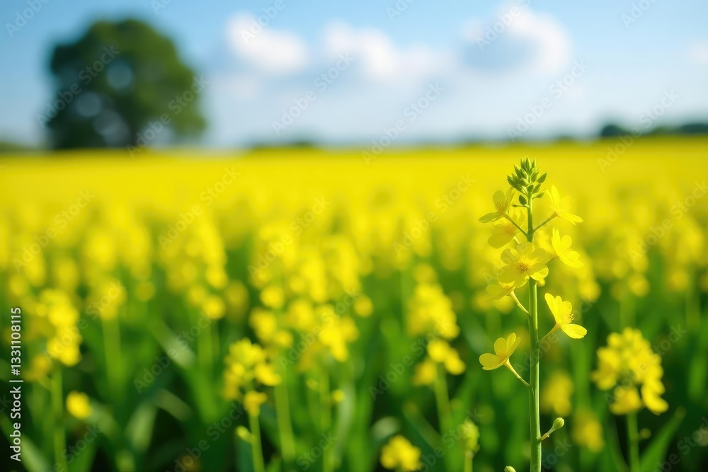 Sunny field of bright yellow rapeseed flowers swaying gently in the breeze, landscape, field, green fields Sunny field of bright yellow rapeseed flowers swaying gently in the breeze, landscape, field, green fields