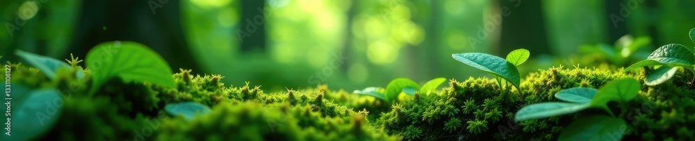 Water droplets falling from leaves onto a moss-covered forest floor, leaves, canopy Water droplets falling from leaves onto a moss-covered forest floor, leaves, canopy