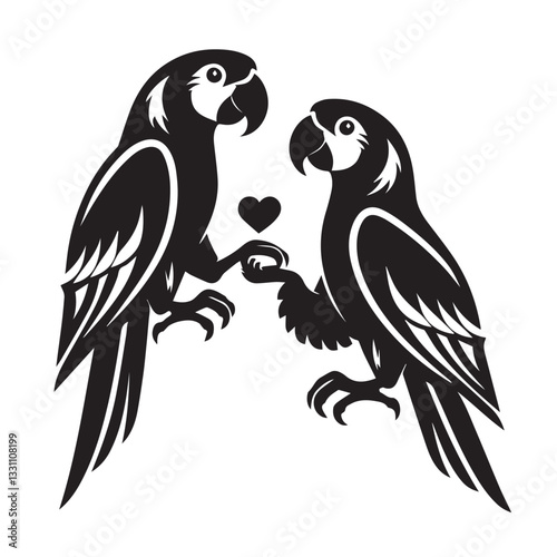 Two parrots holding a heart together, a lovebird couple in a romantic pose, perfect for Valentine’s Day, tattoo art, greeting cards, and romantic decorative illustrations