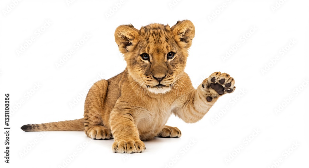 Obraz premium Adorable lion cub playfully waves paw against bright white background. AI Generated
