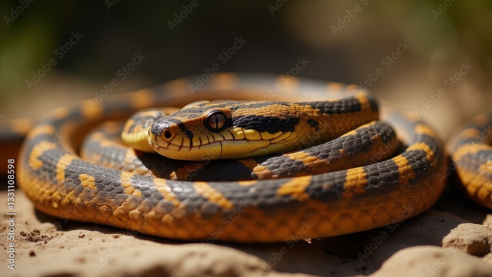 Fototapeta premium A close-up of a king snake with vibrant yellow and black patterns coiled on the ground.