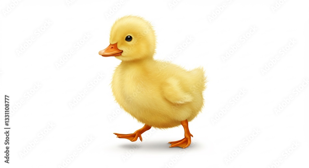 Fluffy yellow duckling walks confidently against bright white background. AI Generated