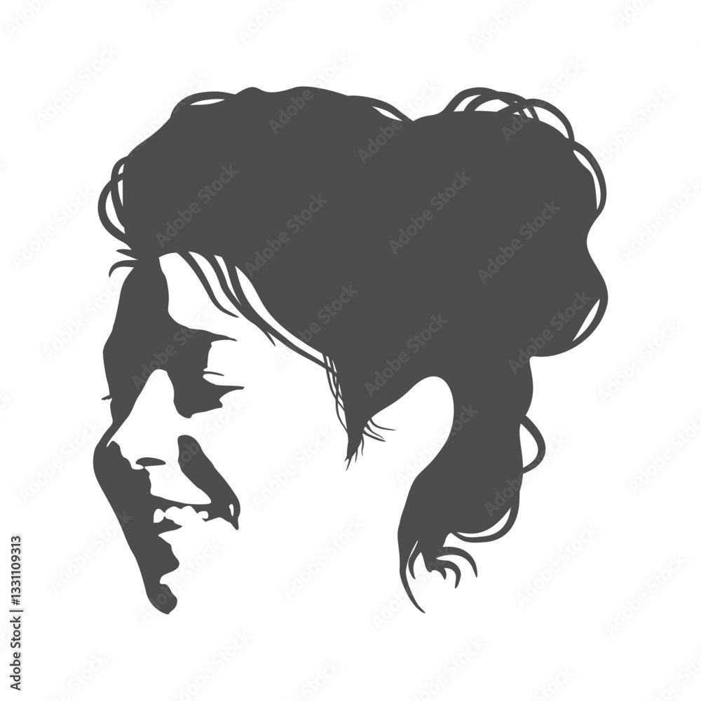 Fototapeta premium Young woman face half turn view in low key style. Elegant silhouette of a female head. Portrait of a happy smiled woman