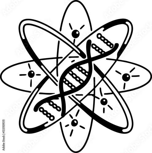 Dna and atom symbol fusion molecular science and genetic research icon