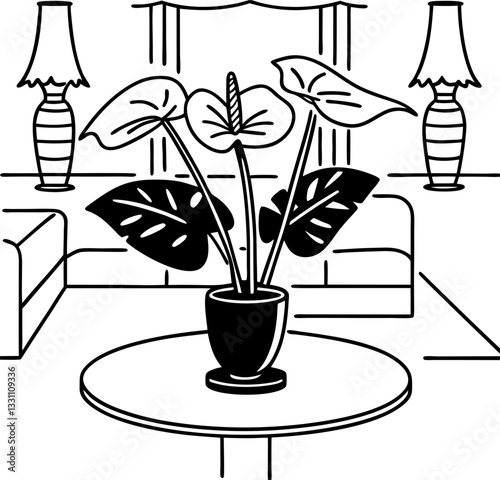 Cozy living room with potted plant, sofa, and decorative lamps in modern interior line art