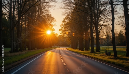 Serene Sunrise Over Winding Road Surrounded by Lush Greenery