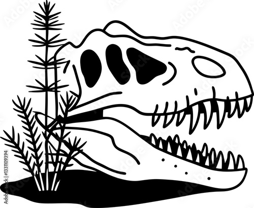Tyrannosaurus rex skull fossil outline with prehistoric plant illustration