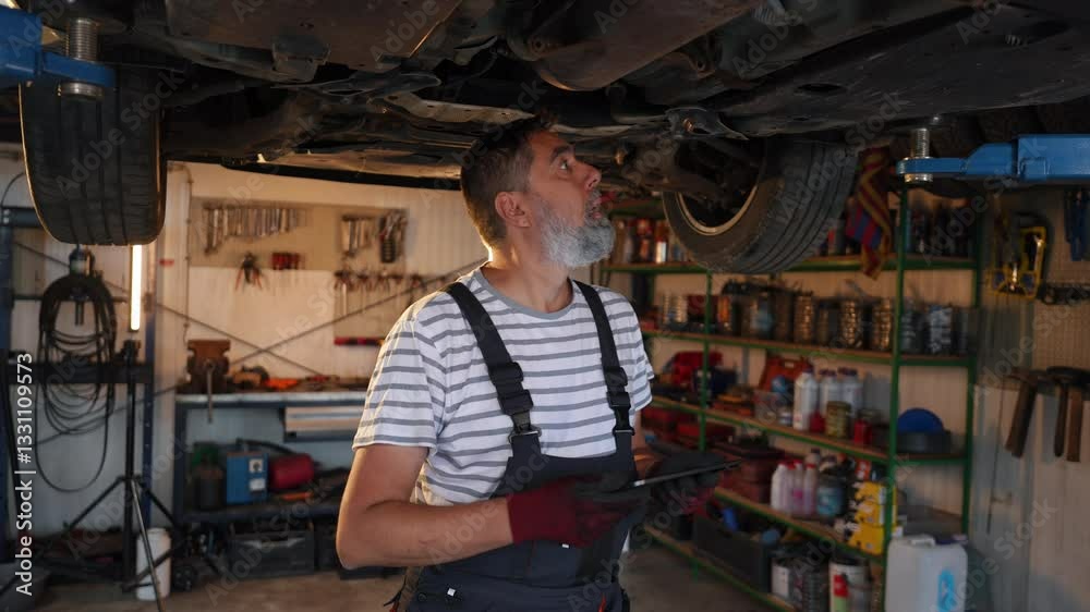Mechanic inspecting car chassis with tablet in slow motion