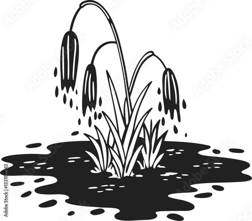 Withering flower in puddle depicting sadness and decay in monochrome