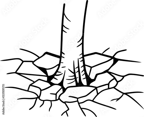 Tree root breaking through cracked ground illustration