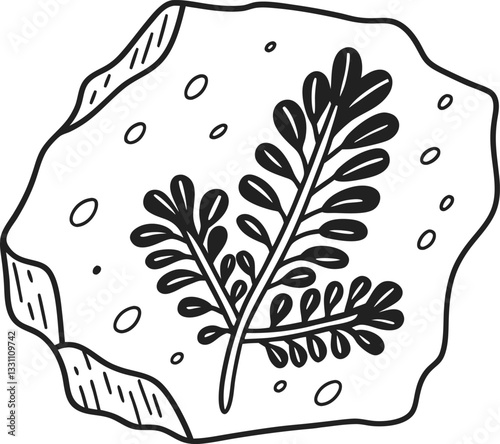 Fossilized plant leaf in rock illustration, monochrome outline, ancient botanical remains