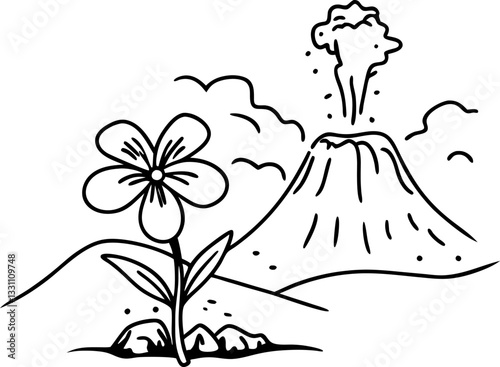 flower and erupting volcano in black and white line art illustration nature and contrast in simple