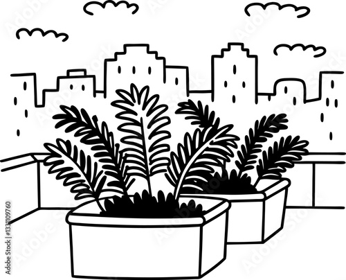 Urban rooftop garden with planters city skyline under a cheerful cloudy sky green oasis in urban landscape
