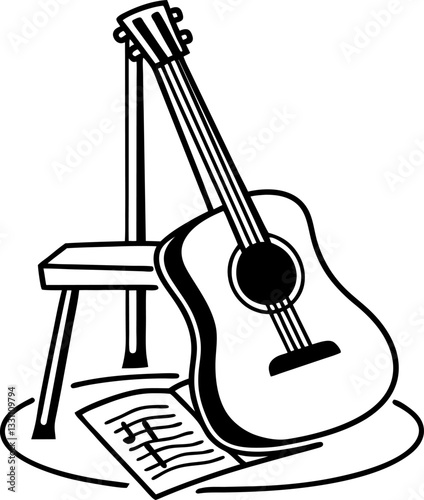 acoustic guitar and sheet music on stool musical composition, instrumental creativity, artistic inspiration