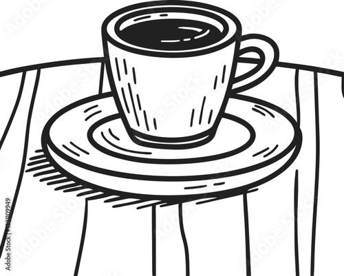 simple black and white line drawing of a coffee cup on a wooden table