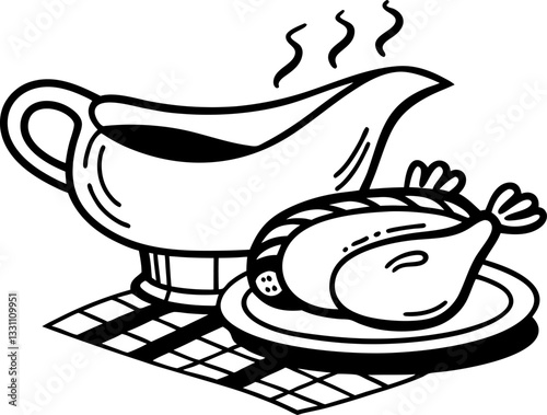 steaming gravy boat and roasted turkey holiday meal preparation, warm family gatherings, comfort cooking