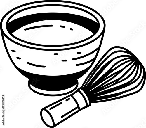 Traditional matcha bowl and bamboo whisk illustration for japanese tea ceremony