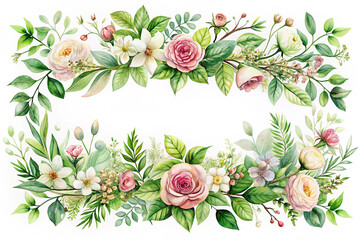 Hand-painted Romantic Nature Banner with Greenery and Blossoms on White Background