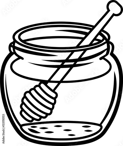 jar of honey with dipper simple line art illustration sweet food, natural organic ingredient